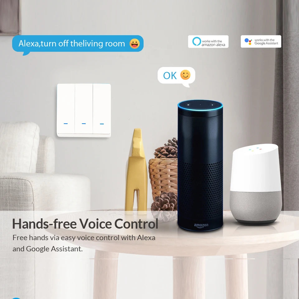 Tuya WiFi RF433 Smart Wall Light Switch – No Neutral, 1/2/3 Gang, Alexa & Google Home Compatible