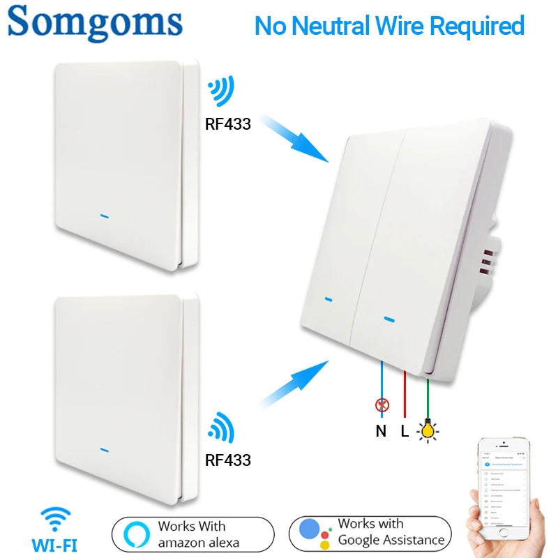Tuya WiFi RF433 Smart Wall Light Switch – No Neutral, 1/2/3 Gang, Alexa & Google Home Compatible
