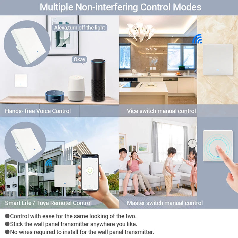Tuya WiFi RF433 Smart Wall Light Switch – No Neutral, 1/2/3 Gang, Alexa & Google Home Compatible