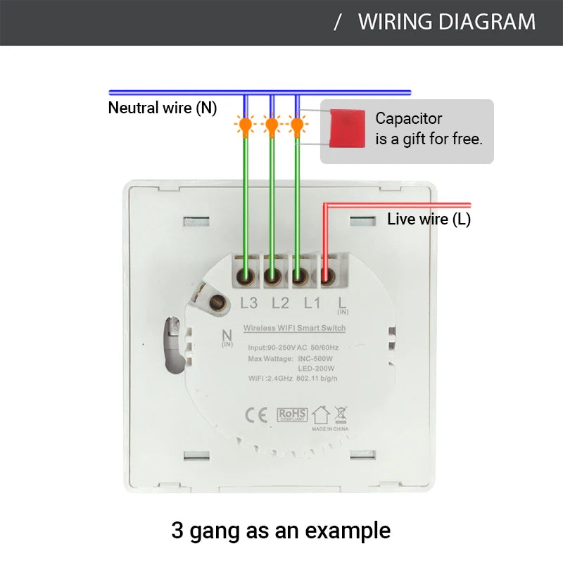 Tuya WiFi RF433 Smart Wall Light Switch – No Neutral, 1/2/3 Gang, Alexa & Google Home Compatible