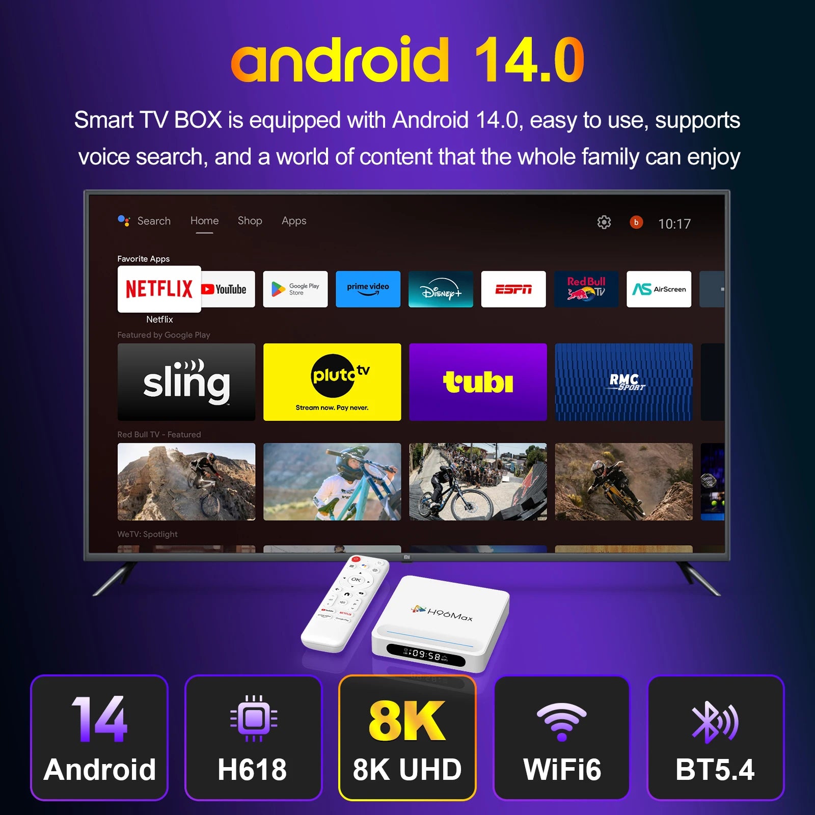 H96 Max H618 Plus Android 14 TV Box – 4GB+128GB, 8K HDR, WiFi 6, BT 5.4, Voice Assistant