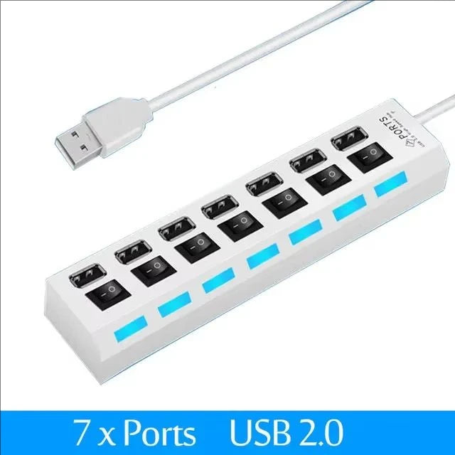 7-Port USB 2.0 Hub – Multi-Port Extension Splitter for PC, Laptop & Desktop